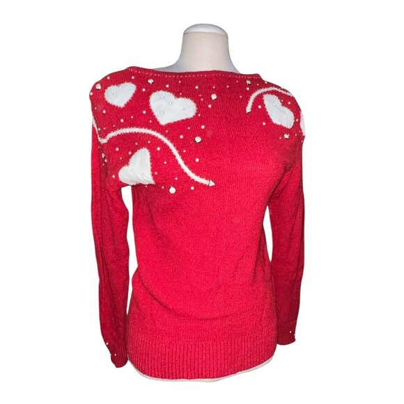 Vintage Smiths Aspen Red Knit Sweater W/ White Heart Design & Beaded Detailing - Picture 1 of 12